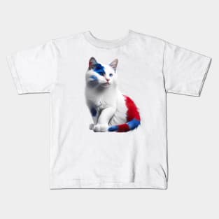 [AI Art] Red, blue and white fluffy Kitty Cat Kids T-Shirt